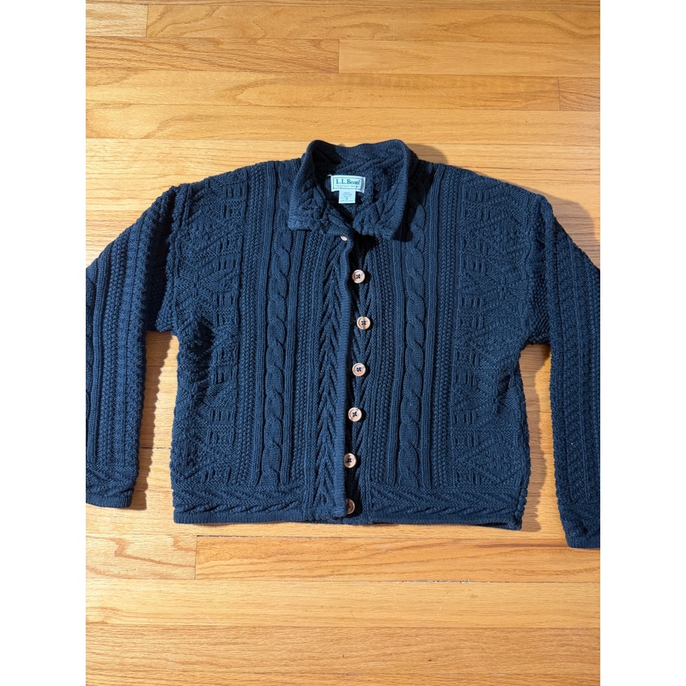Vintage LL Bean Black Cable Knit Cotton Cardigan Sweater Made in USA Small